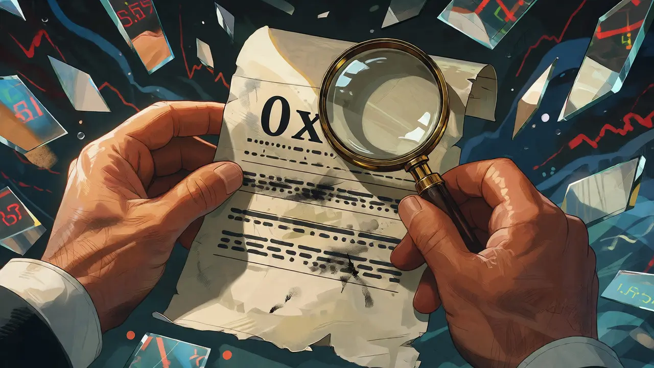 Investor examining a torn contract scroll with a magnifying glass amidst broken reflections.