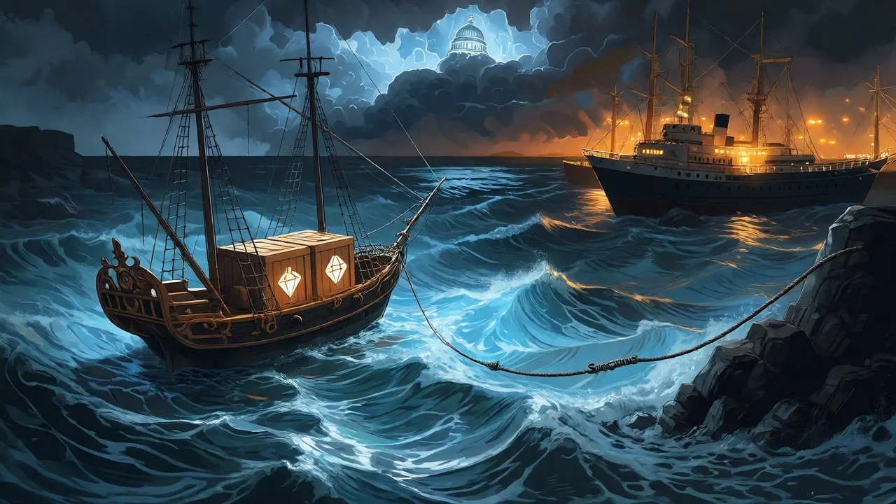 Isolated Petro ship blocked by sanctions storms, separated from vibrant global crypto trading harbors.