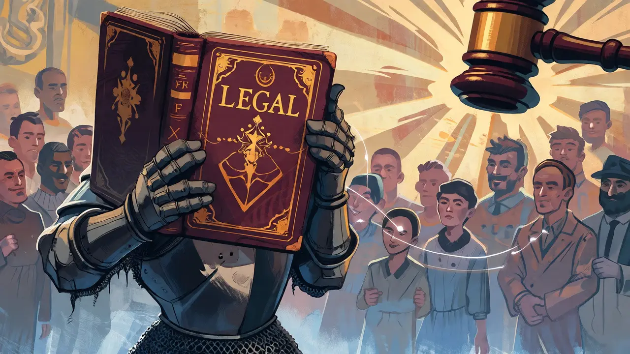 Knight shielding token holders from a gavel strike in illustrative style.