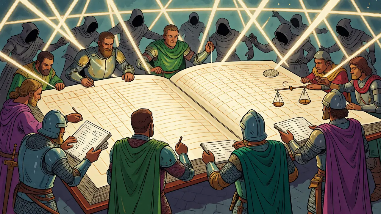 Knights verifying a glowing ledger while repelling shadowy attackers.