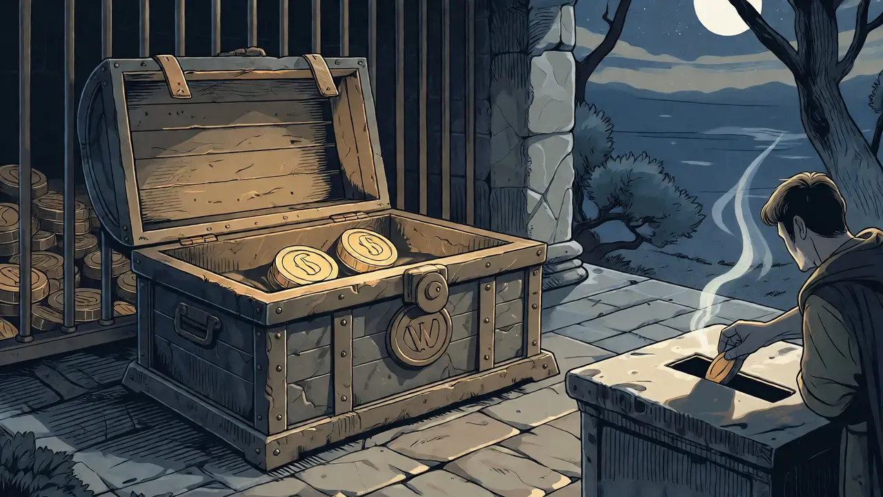 Locked treasure chest with tokens and a burn altar in a moonlit setting.