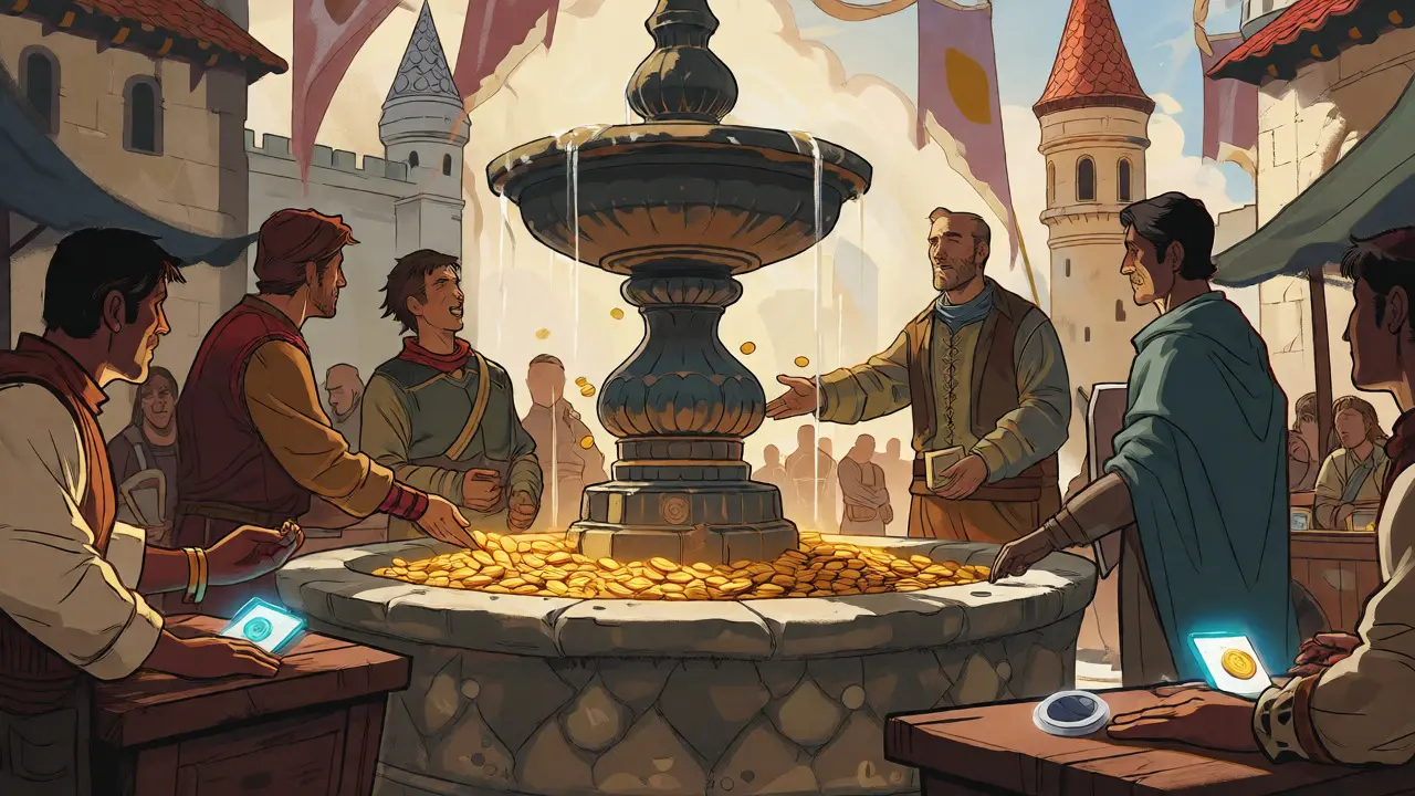 Medieval-style market scene with characters exchanging glowing tokens and artifacts.
