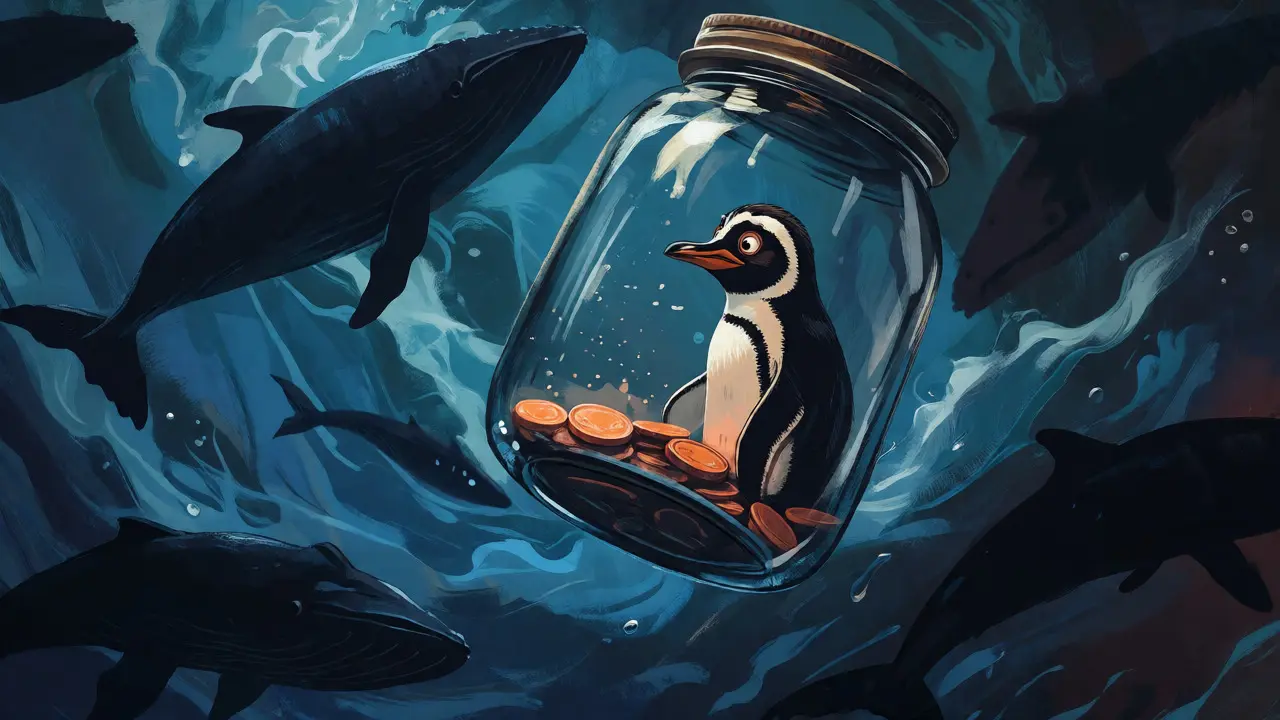 Melancholy penguin in glass jar with few coins floating in dark ocean with whales