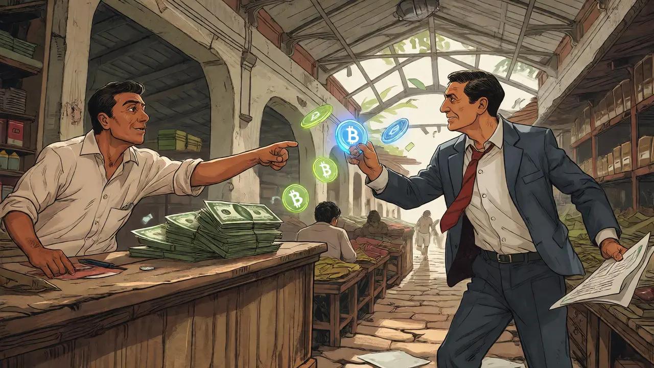 Merchant rejecting Petro token in favor of dollars and Bitcoin in a busy Venezuelan market scene.