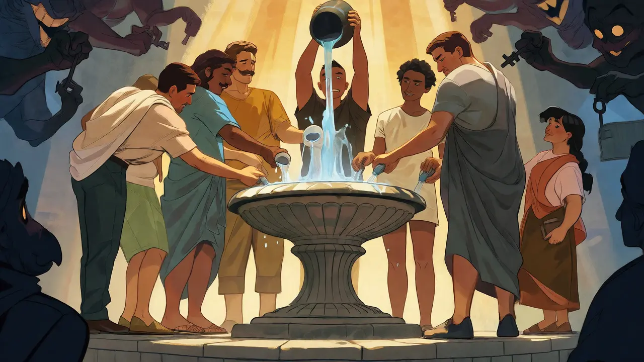 People gathering around a fountain, pouring water, with shadowy scam figures nearby.