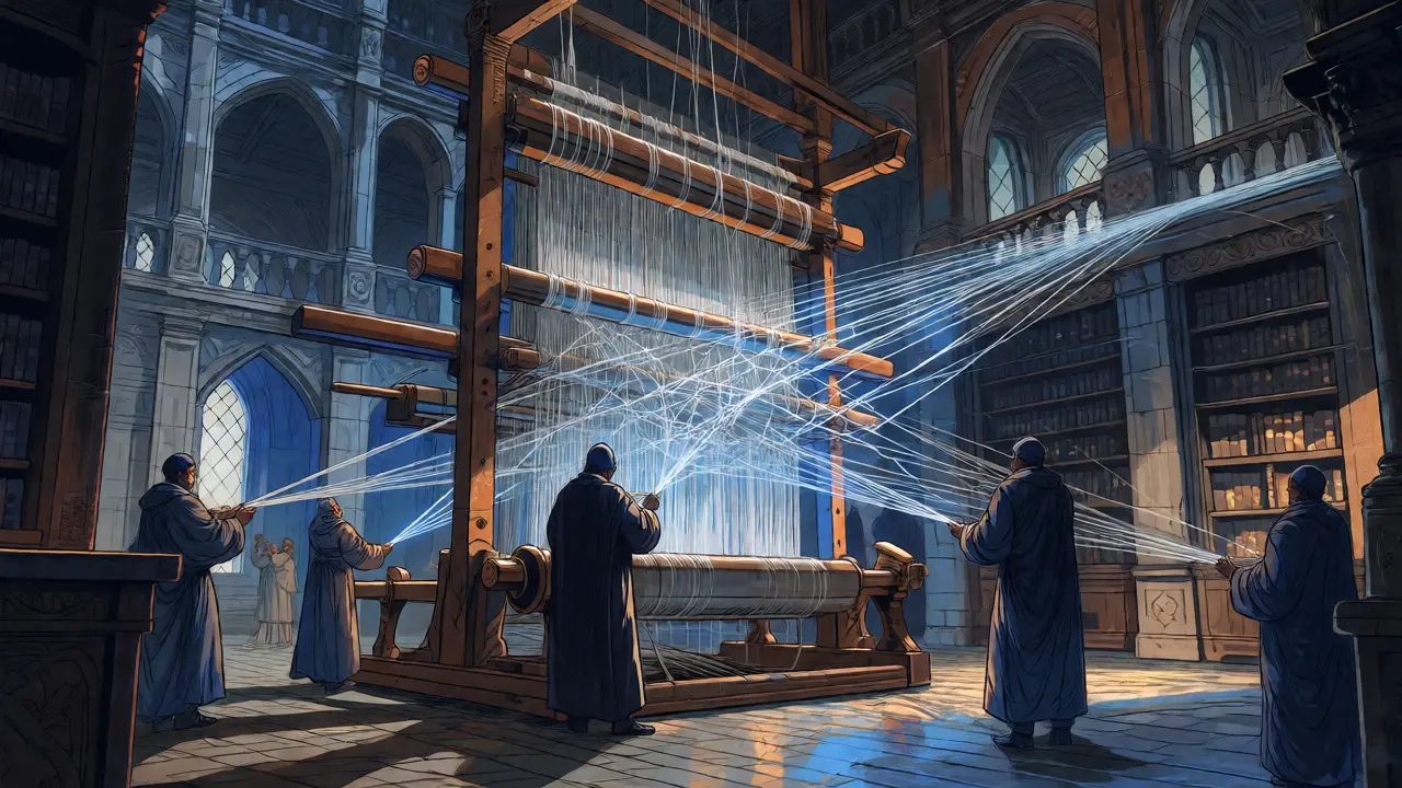 Robed figures weaving a complex web of luminous threads on an ornate loom, symbolizing network consensus.