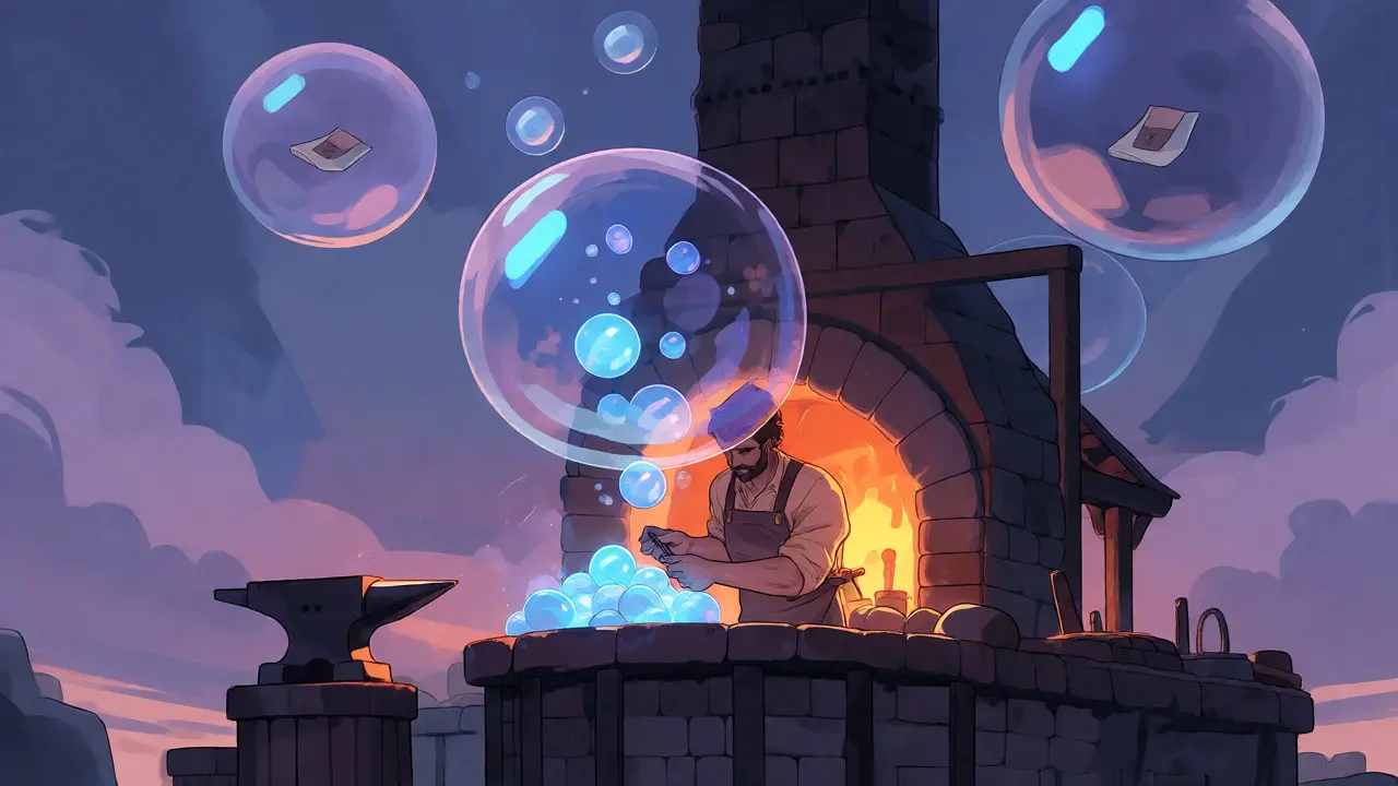 Serene illustration of validators processing transactions with floating data blobs in a calm setting.