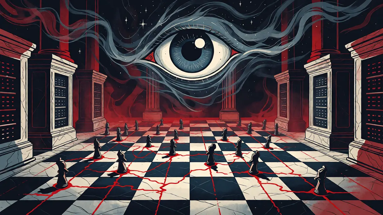Spectral eye hovering over a chessboard where knights leave irregular red trails indicating suspicious moves.