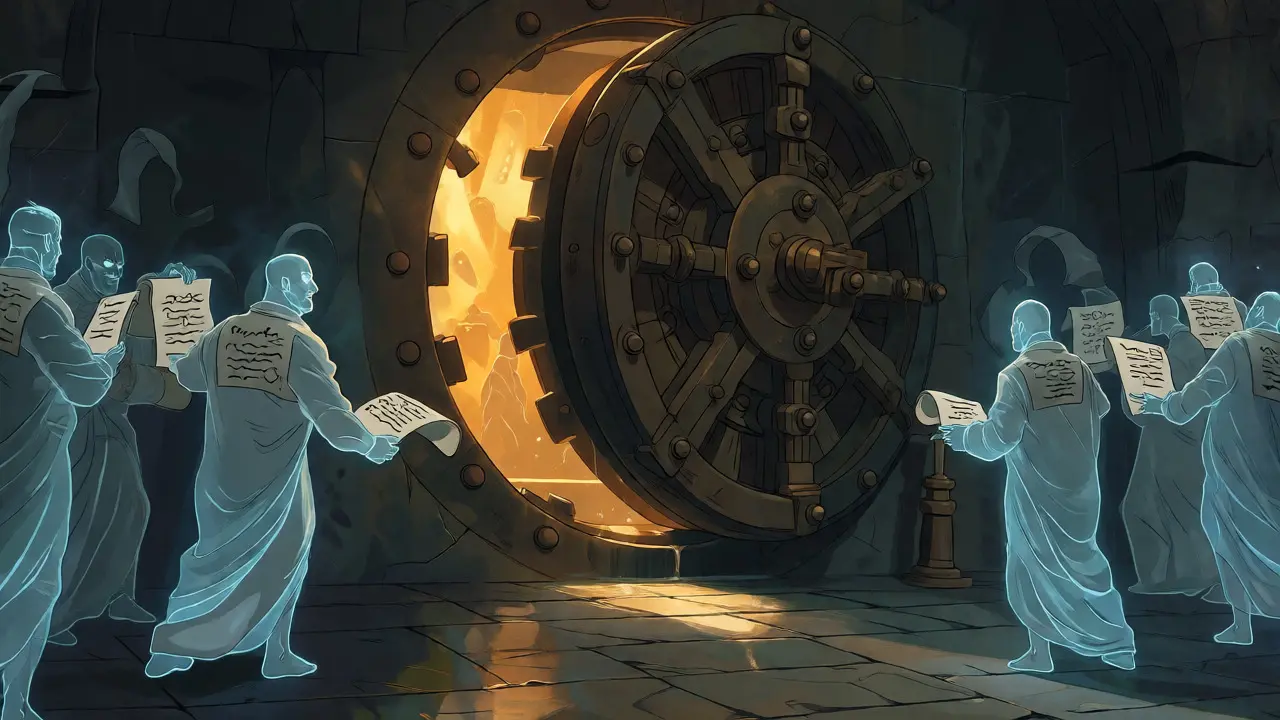 Spectral figures point at conflicting scrolls around a glowing, half-open vault door.