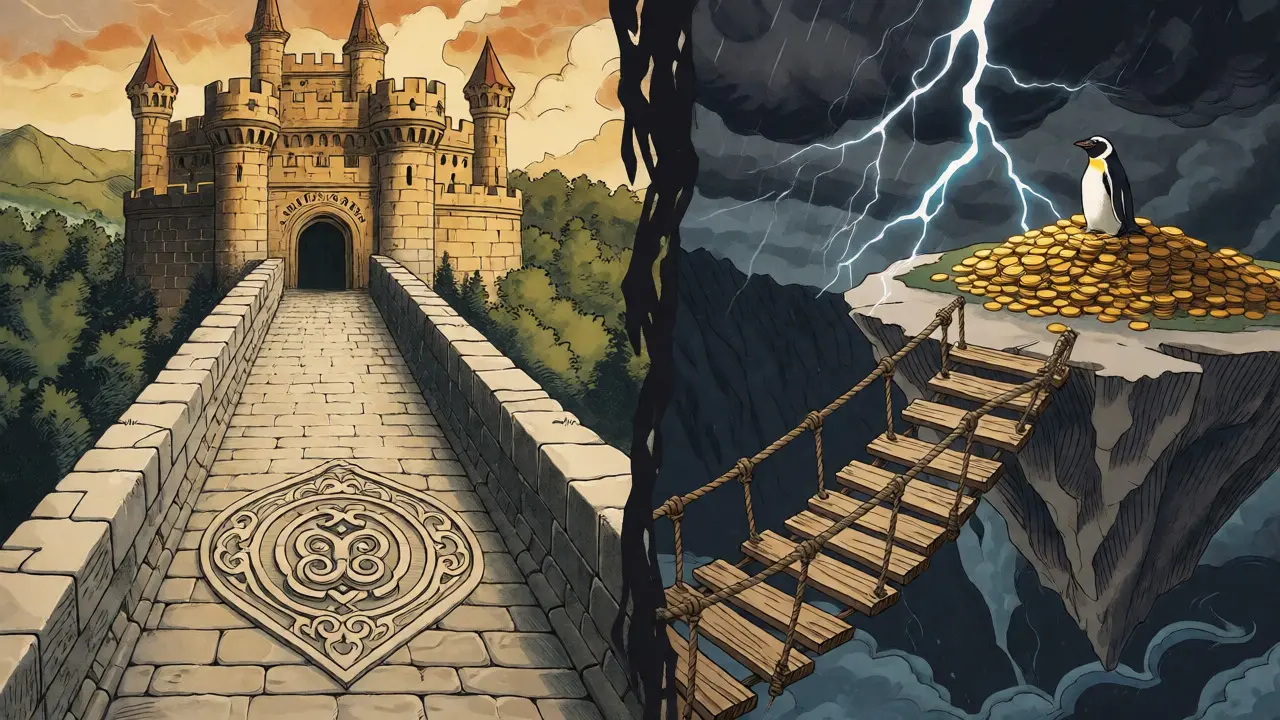 Split scene contrasting solid stone bridge with precarious rope bridge over abyss