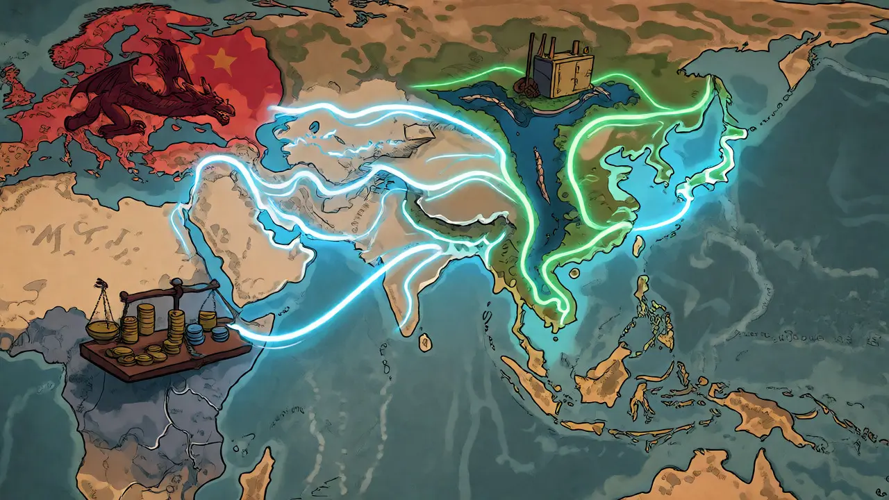 Stylized world map showing crypto trade routes and restrictions across China, Nigeria, and Indonesia.