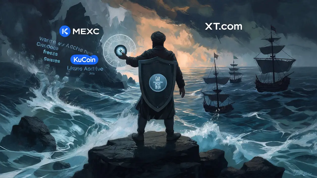 Trader standing on a cliff holding a DAI shield against stormy seas, looking toward international exchange islands.