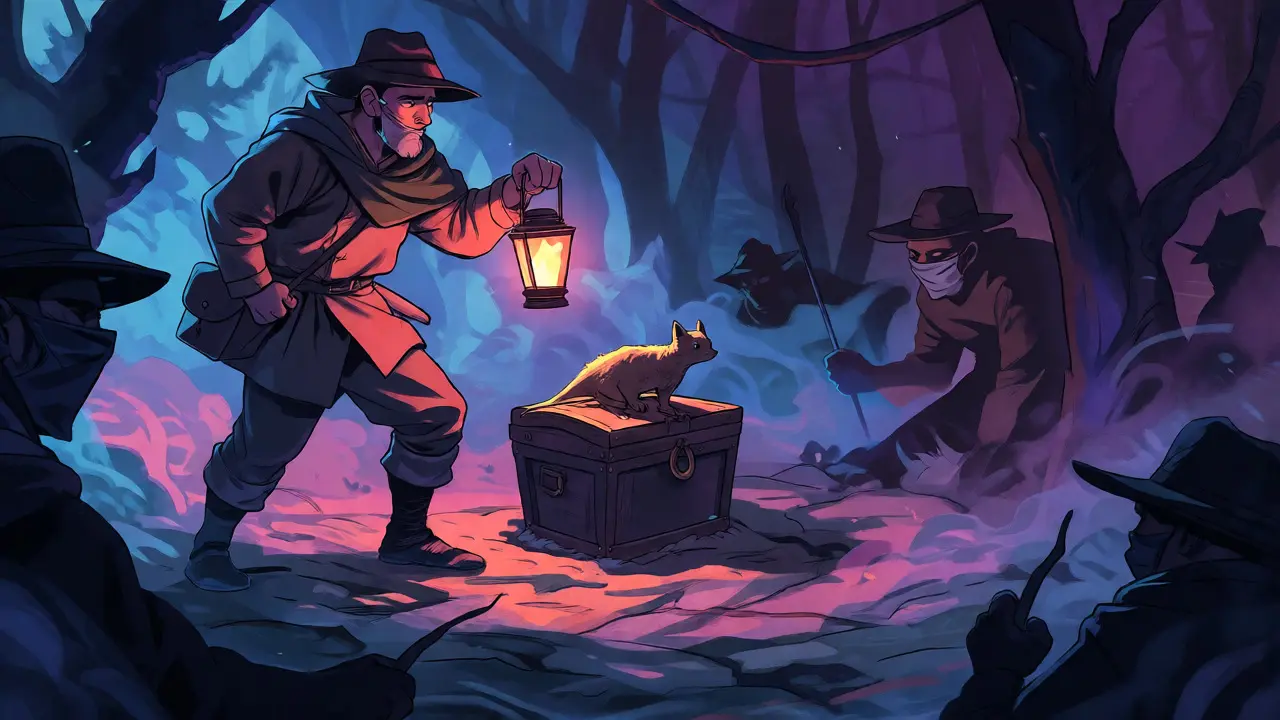 Traveler with a lantern guarding a treasure chest from shadowy masked figures.