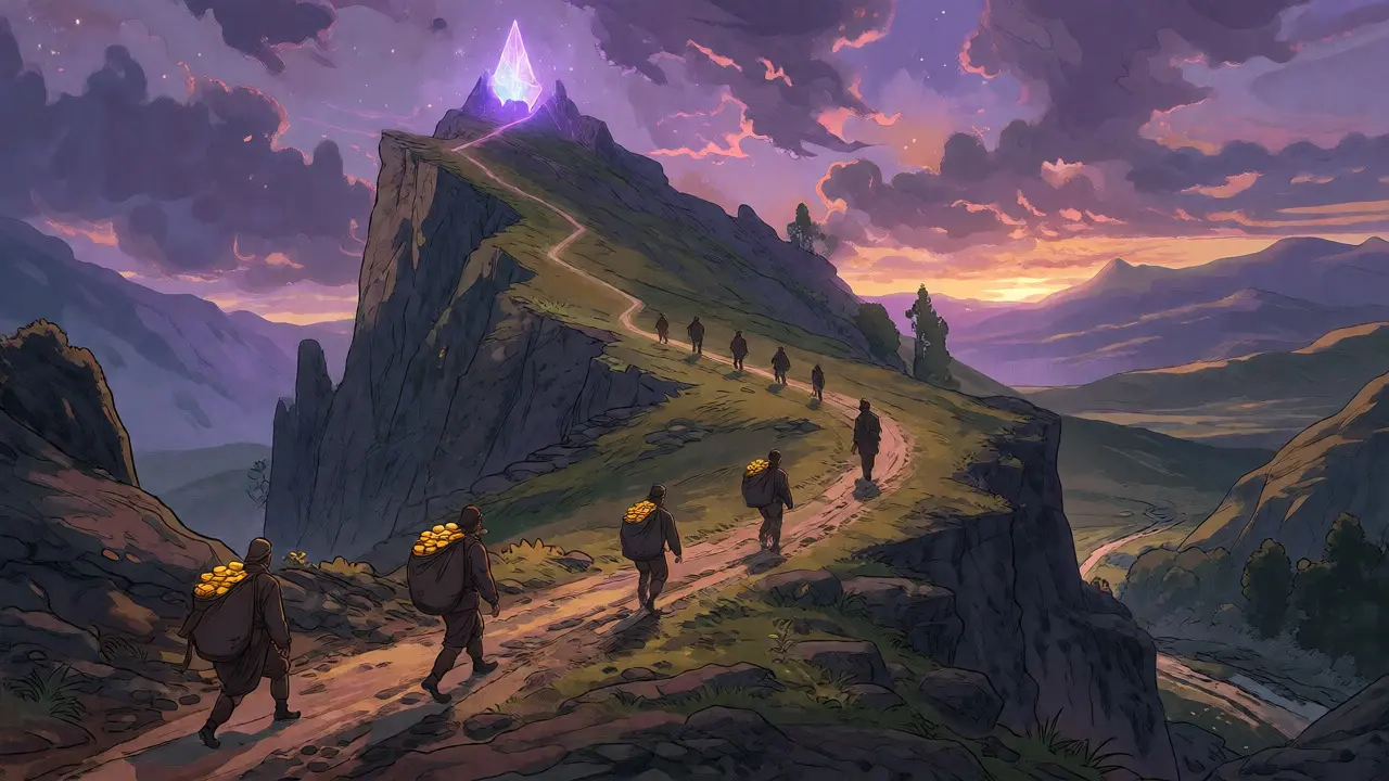 Travelers carrying gold coins up a mountain path toward a glowing crystal peak, representing efficient blockchain scaling.