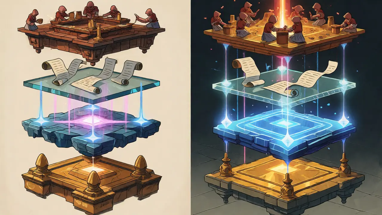 Vertical stack of four distinct layers representing modular blockchain architecture
